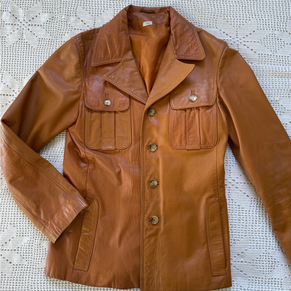 Vintage 100% leather cognac tan long line jacket small to medium euro 38 - Picture 9 of 17